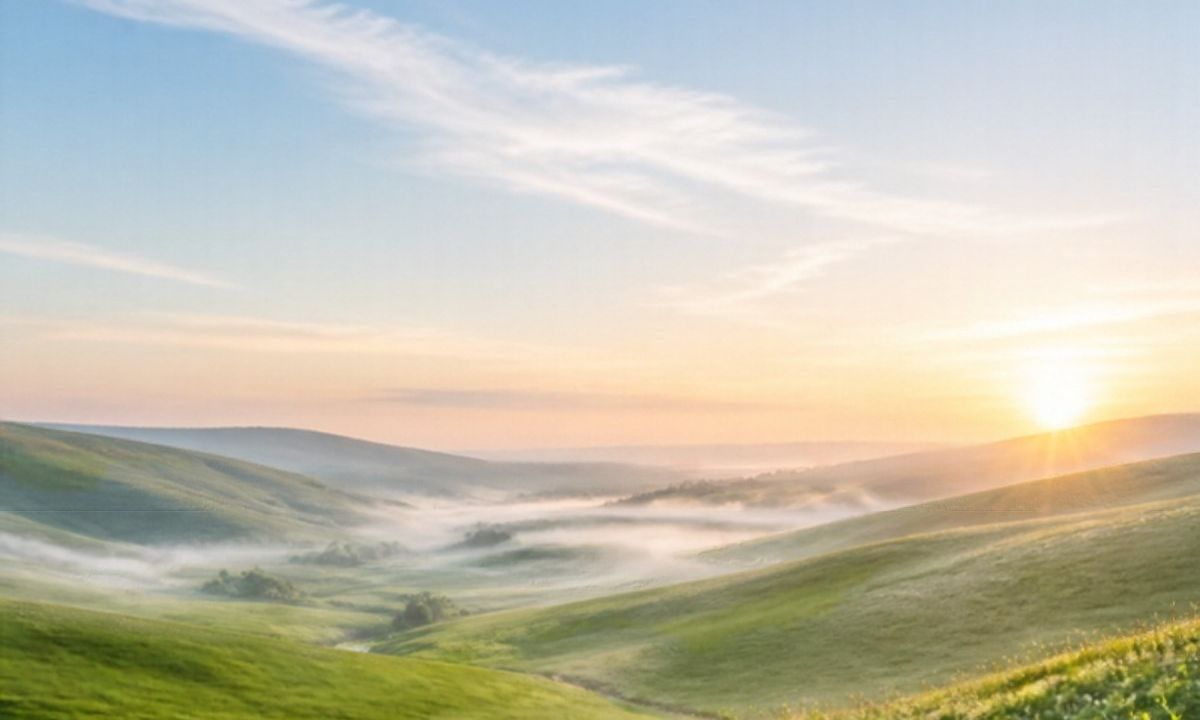 El sol saliendo sobre verdes praderas y valles con neblina